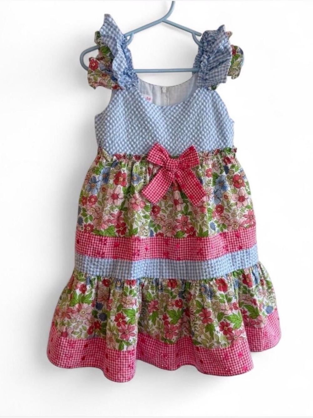 Bonnie Jean Pink & Blue Floral Tiered Dress with Bow Accent
